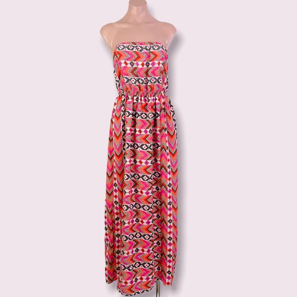One Clothing Aztec Tribal Geometric Strapless Maxi Dress Orange Pink size S - Picture 1 of 9